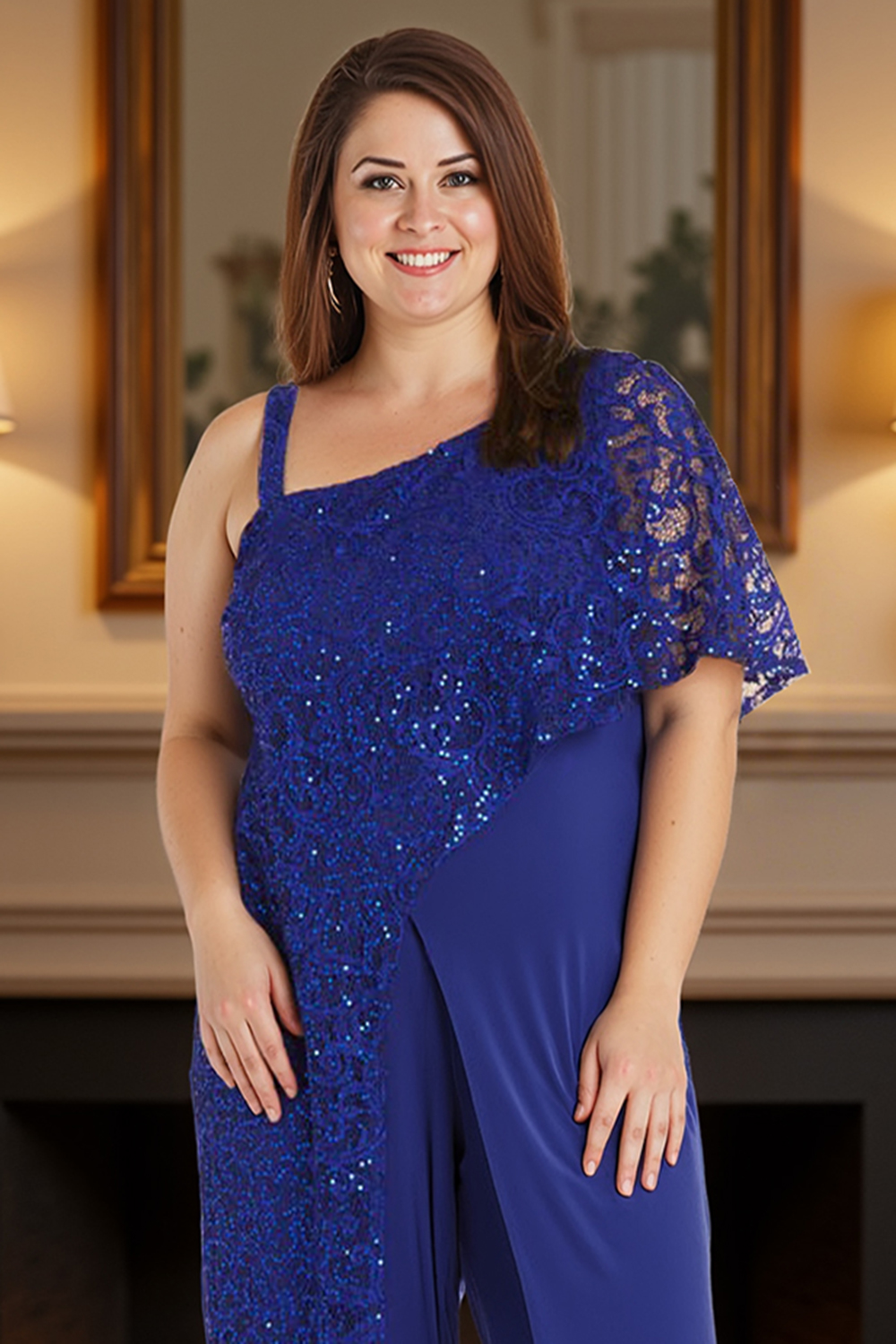 Sparkly Lace Ink Blue Chiffon Floor-Length Mother of the Bride Jumpsuits