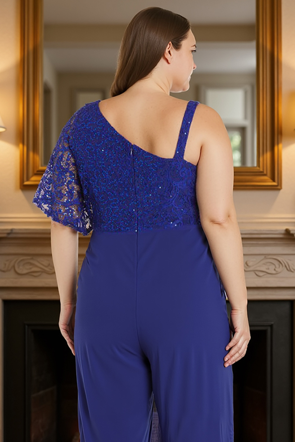 Sparkly Lace Ink Blue Chiffon Floor-Length Mother of the Bride Jumpsuits