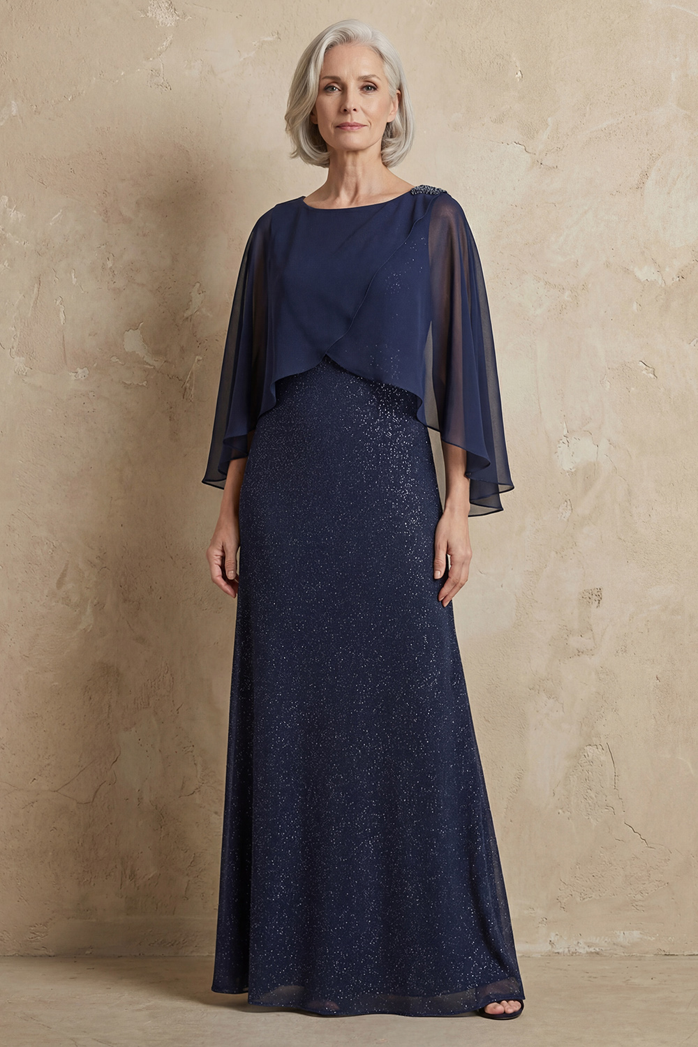Glitter Sheath Navy Boat Neck Floor-Length Mother of the Bride Dress with Cape