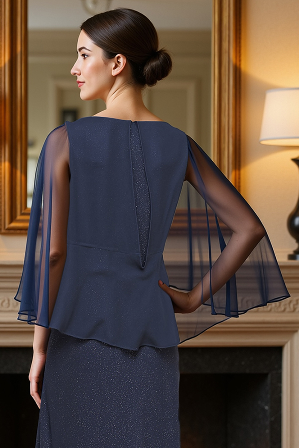 Sheath Navy Boat Neck Floor-Length Mother of the Bride Dress with Cape