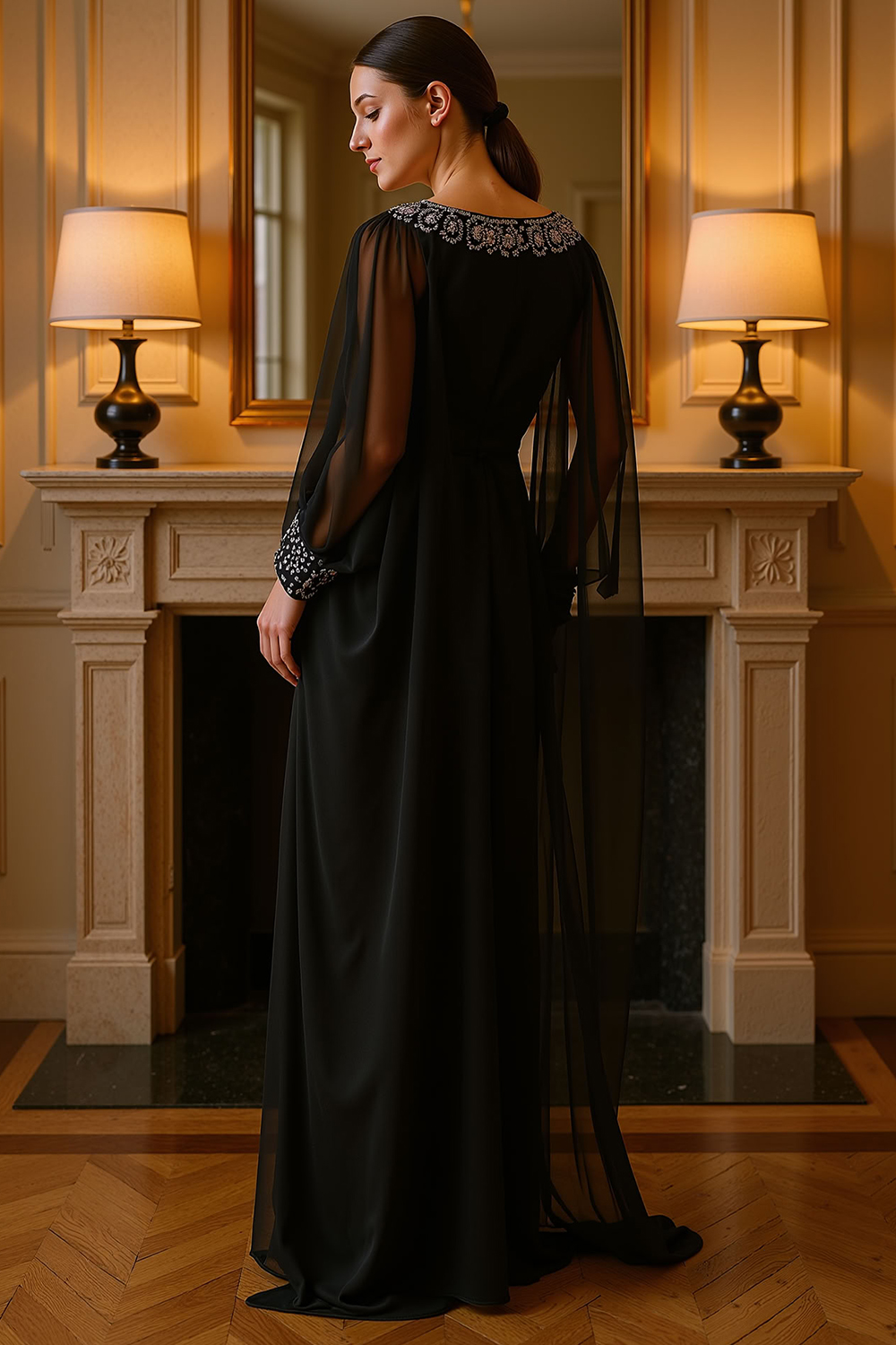 Sparkly Black A Line Floor-Length Mother of the Bride Dress with Sleeves