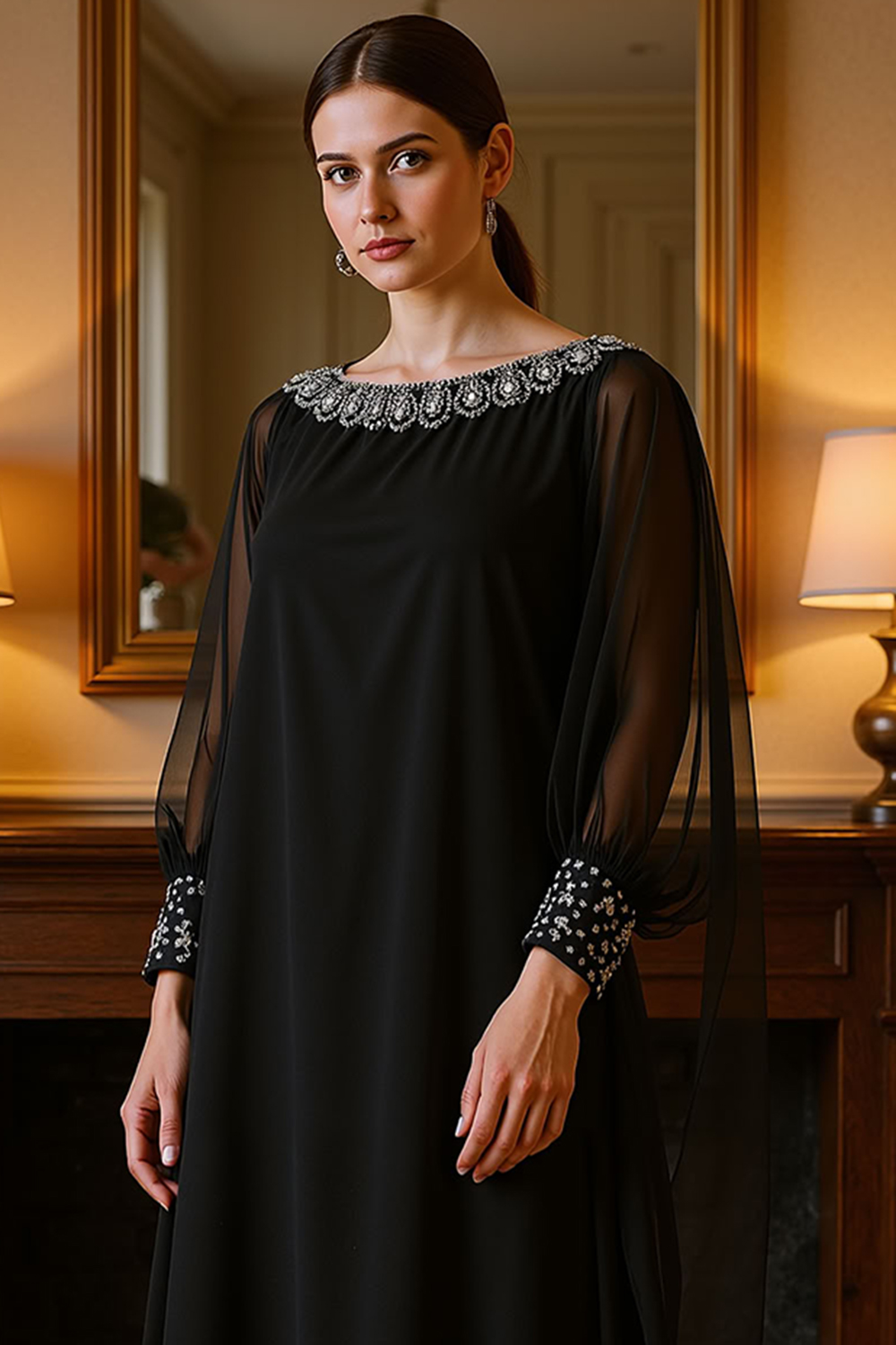 Sparkly Black A Line Floor-Length Mother of the Bride Dress with Sleeves