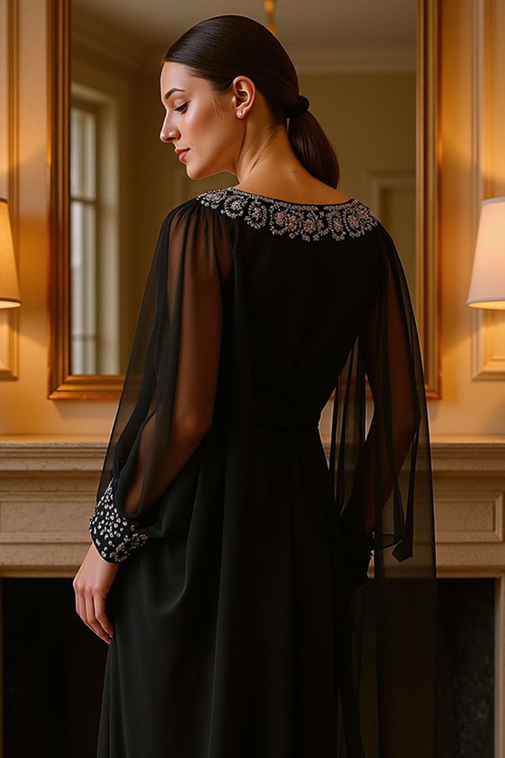Sparkly Black A Line Floor-Length Mother of the Bride Dress with Sleeves