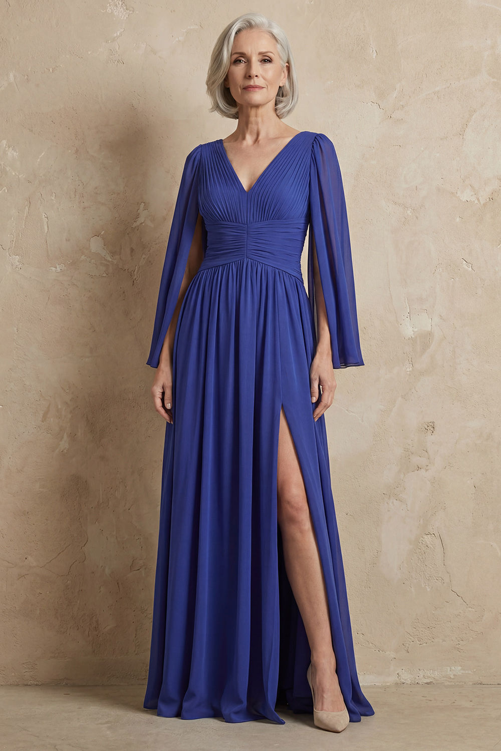 Royal Blue Chiffon Deep V-Neck Floor-Length Mother of the Bride Dress with Slit