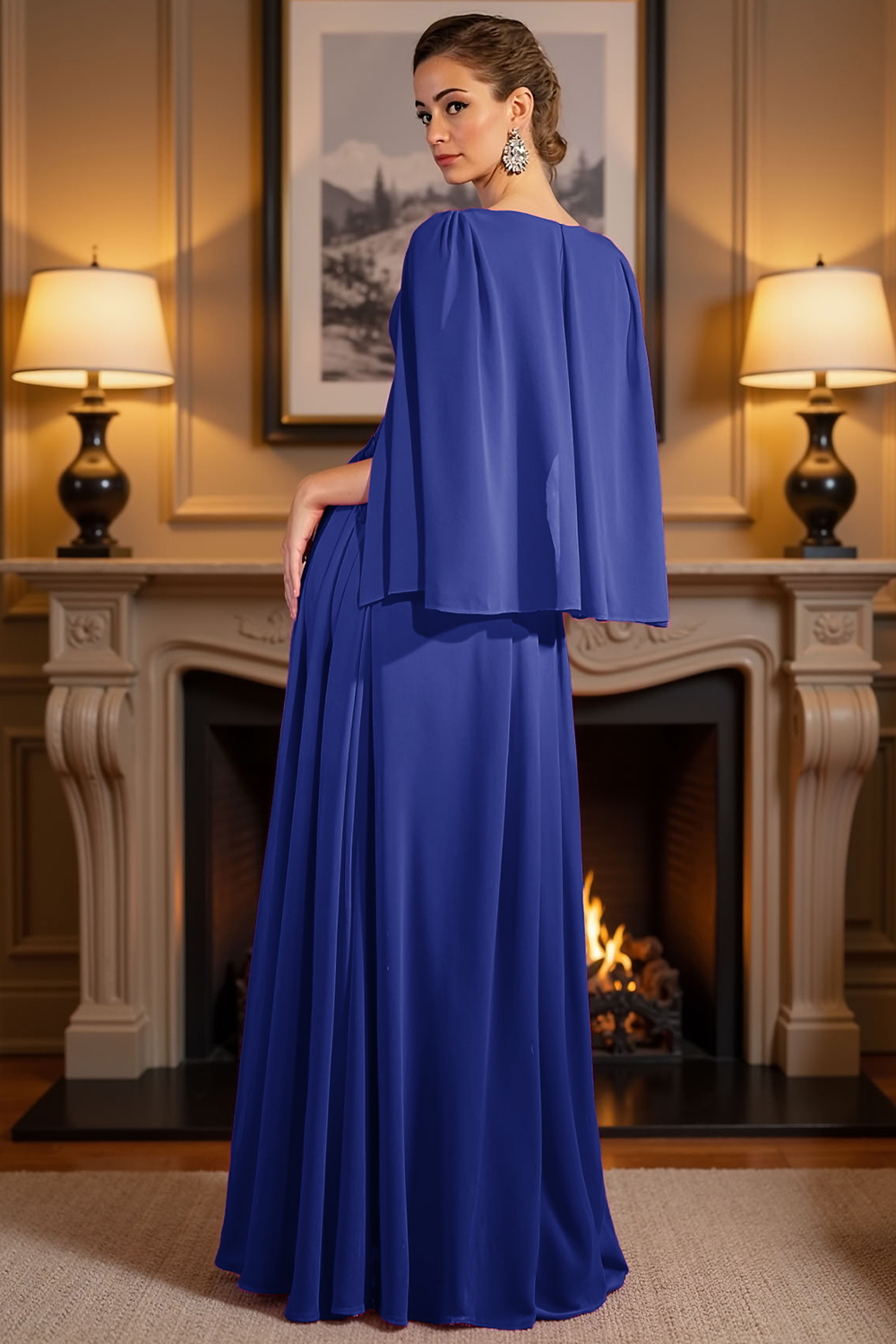 Royal Blue Deep V-Neck Floor-Length Mother of the Bride Dress with Slit