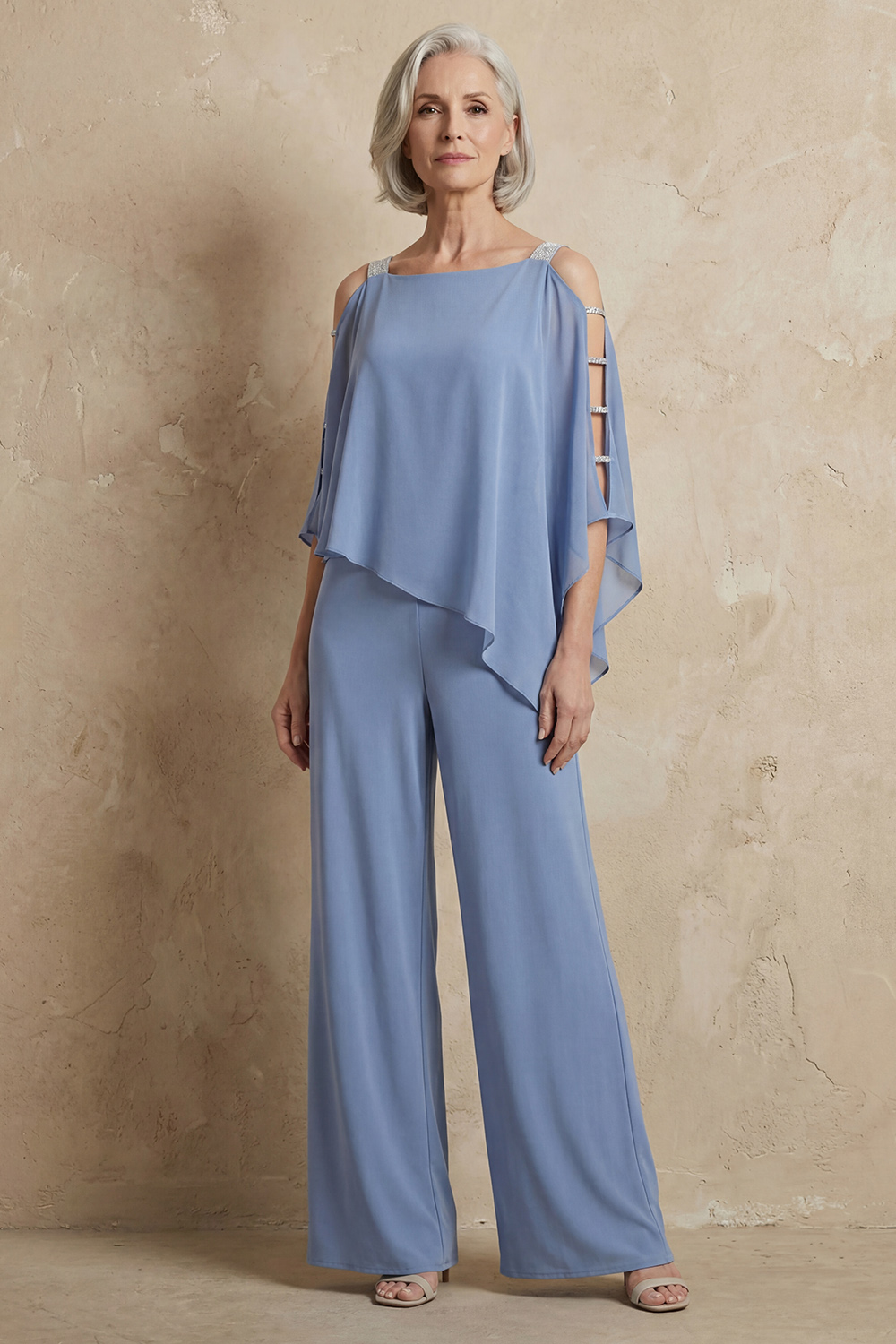 Dusty Blue Chiffon Thick Straps 2 Piece Mother of the Bride Pant Suits with Cape
