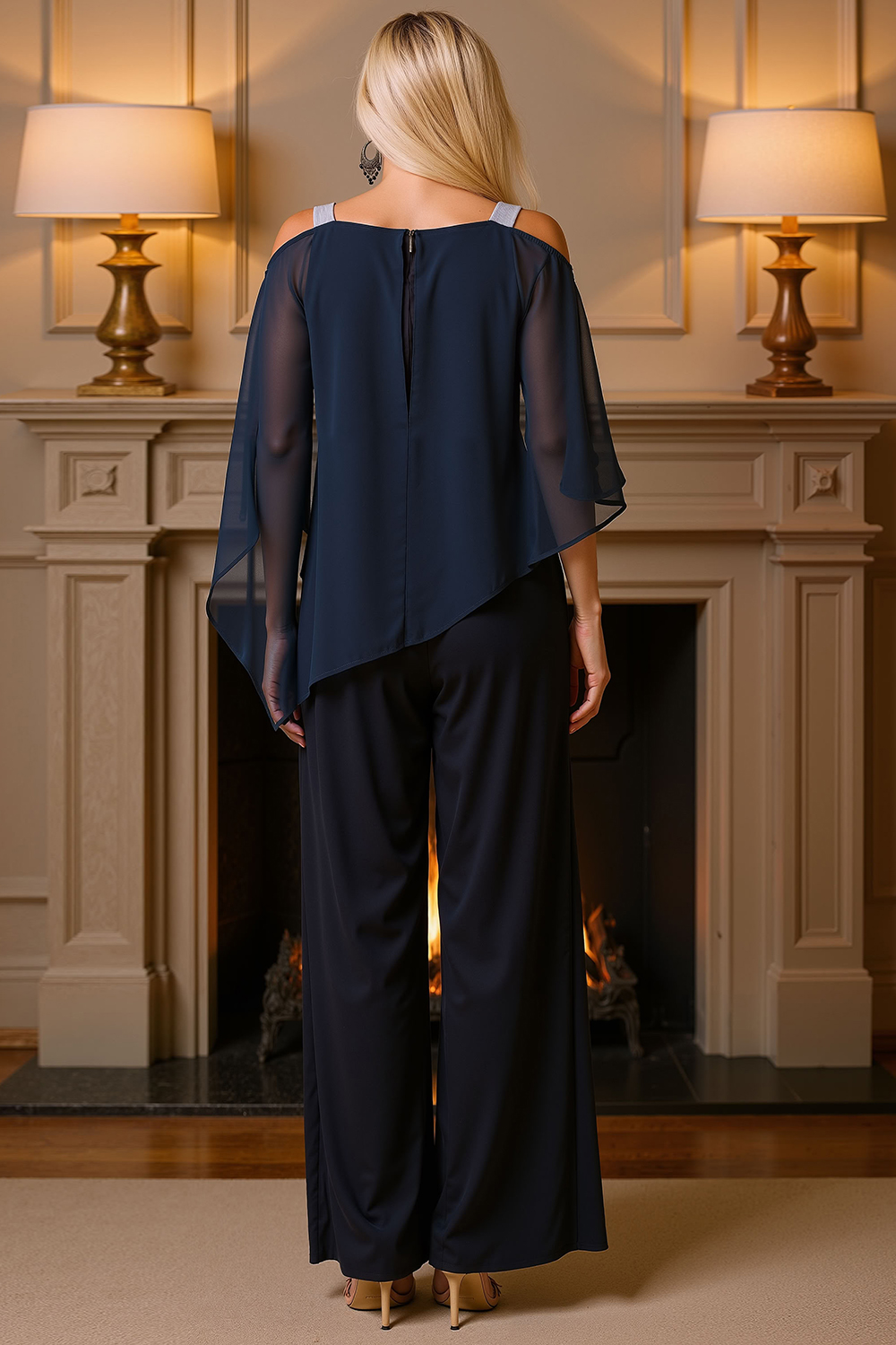 Dusty Blue Chiffon Thick Straps 2 Piece Mother of the Bride Pant Suits with Cape
