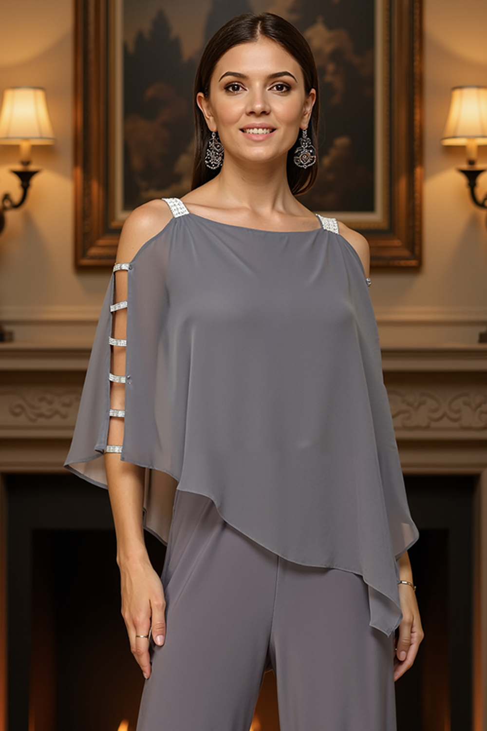 Dusty Blue Chiffon Thick Straps 2 Piece Mother of the Bride Pant Suits with Cape