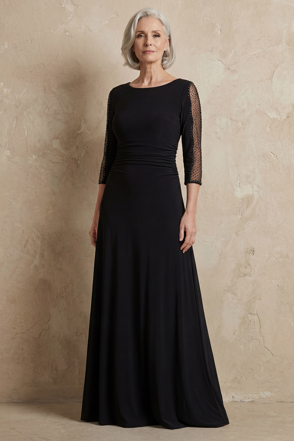Sparkly Black Sheath 3/4 Sleeves Floor-Length Mother of the Bride Dress with Beading