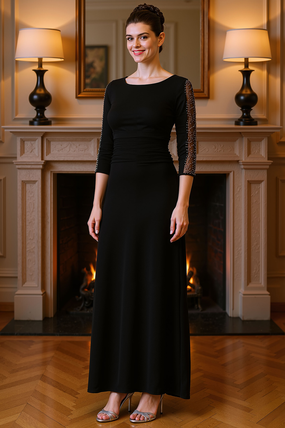 Sparkly Black Beaded Sheath Floor-Length Mother of the Bride Dress