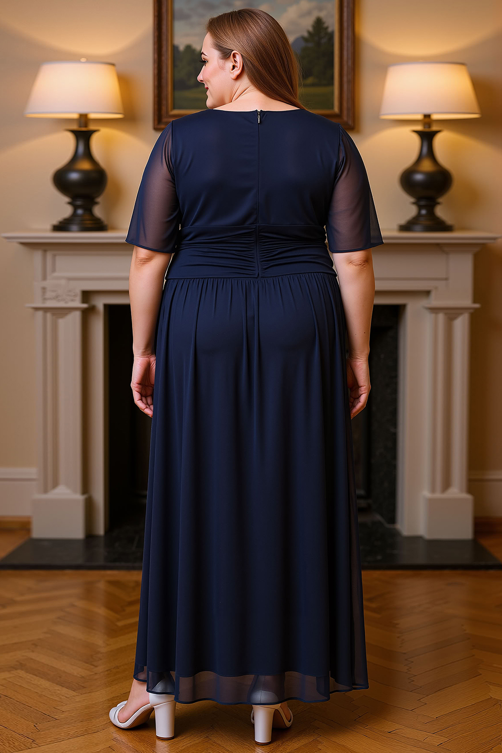 Navy V-Neck Chiffon Ruched Floor-Length Mother of the Bride Dress