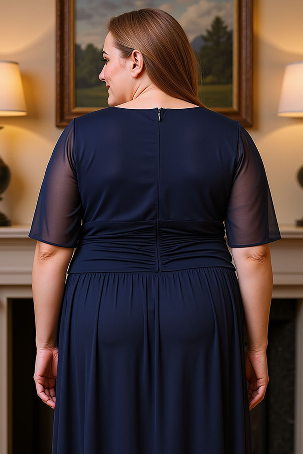 Navy V-Neck Chiffon Ruched Floor-Length Mother of the Bride Dress