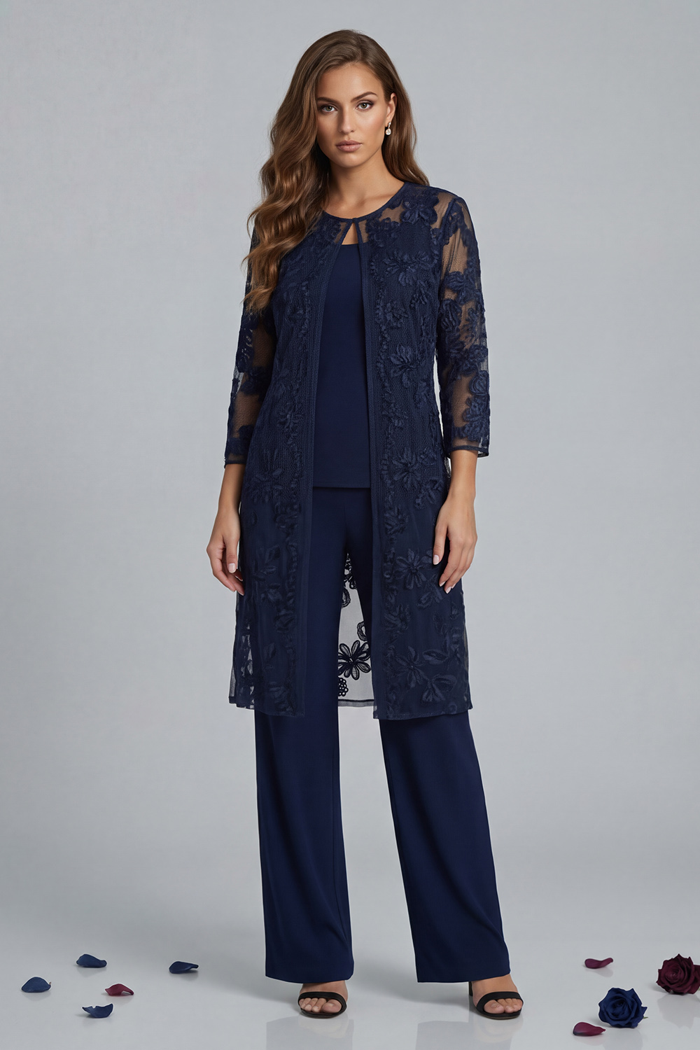 Floral Lace Navy 3 Piece Mother of the Bride Pant Suits with Jacket