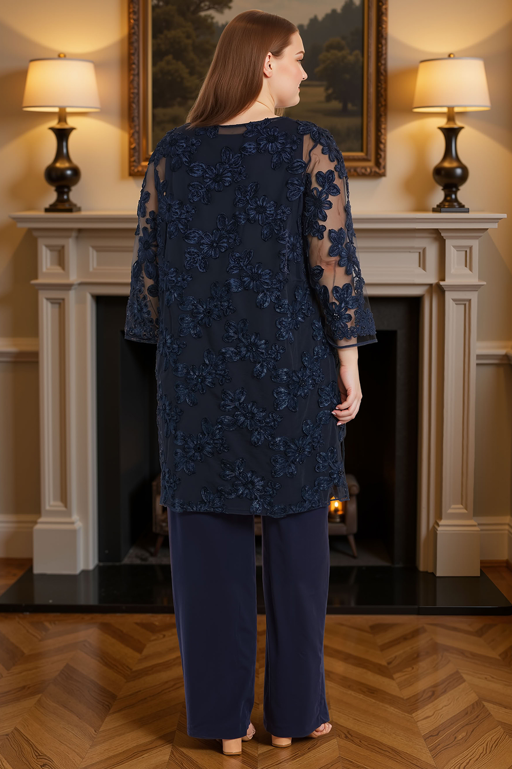Floral Lace Navy 3 Piece Mother of the Bride Pant Suits with Jacket