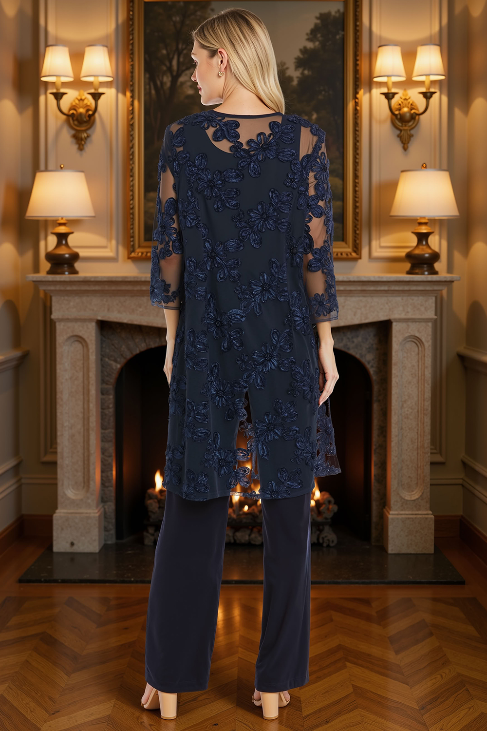 Floral Lace Navy 3 Piece Mother of the Bride Pant Suits with Jacket