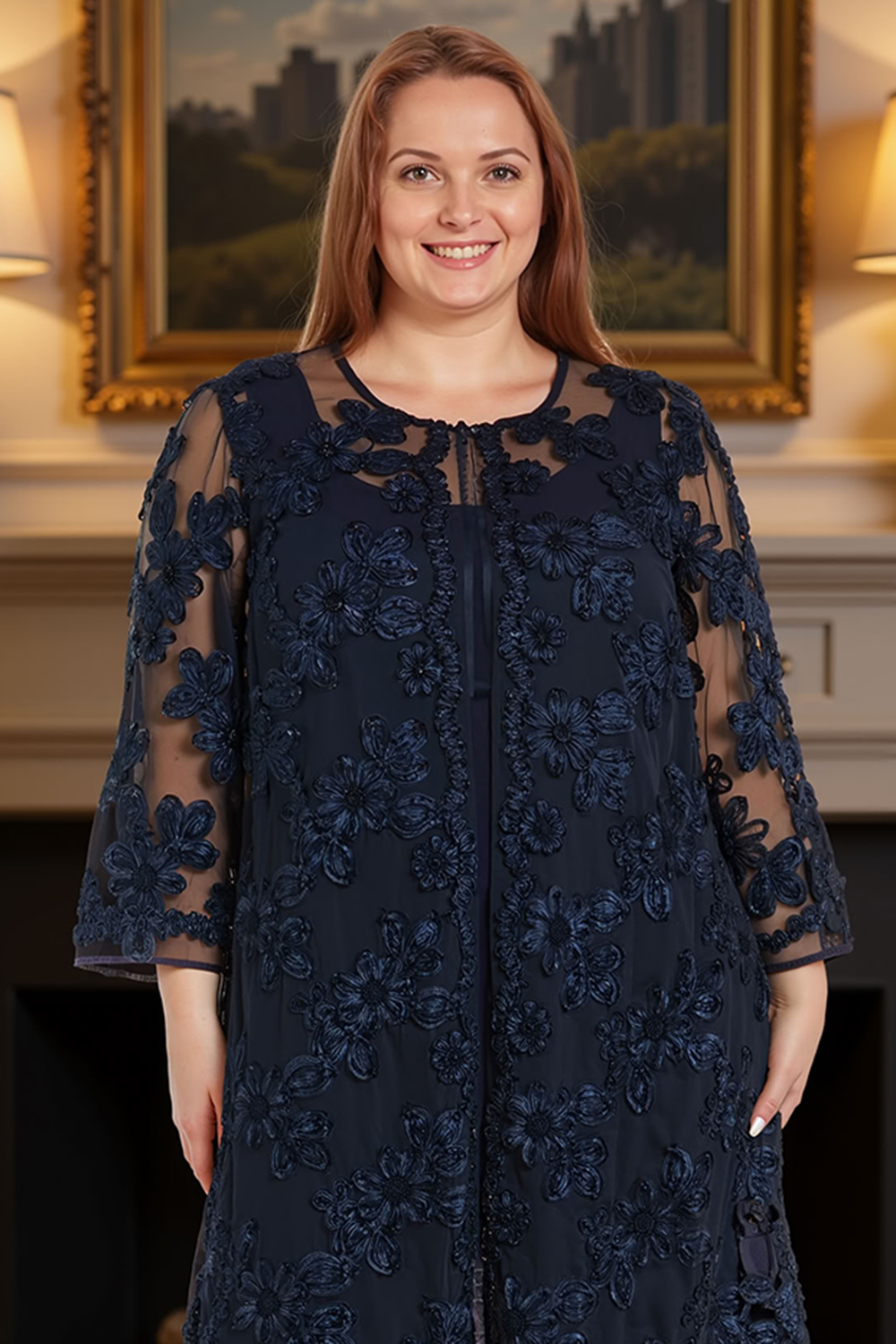 Floral Lace Navy 3 Piece Mother of the Bride Pant Suits with Jacket