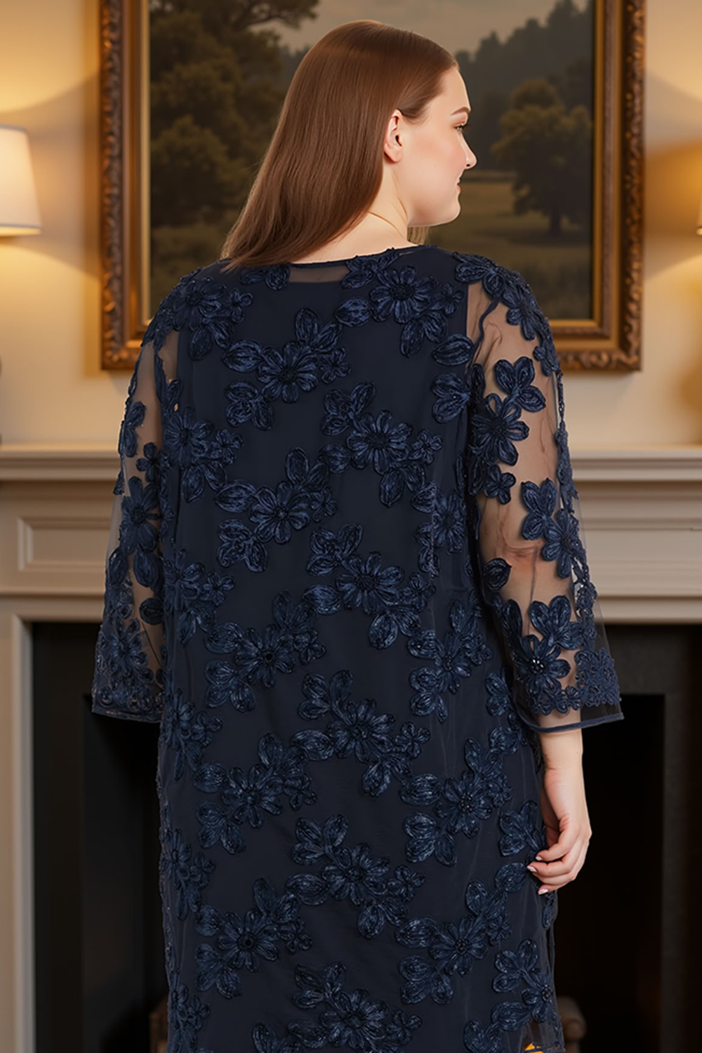 Floral Lace Navy 3 Piece Mother of the Bride Pant Suits with Jacket