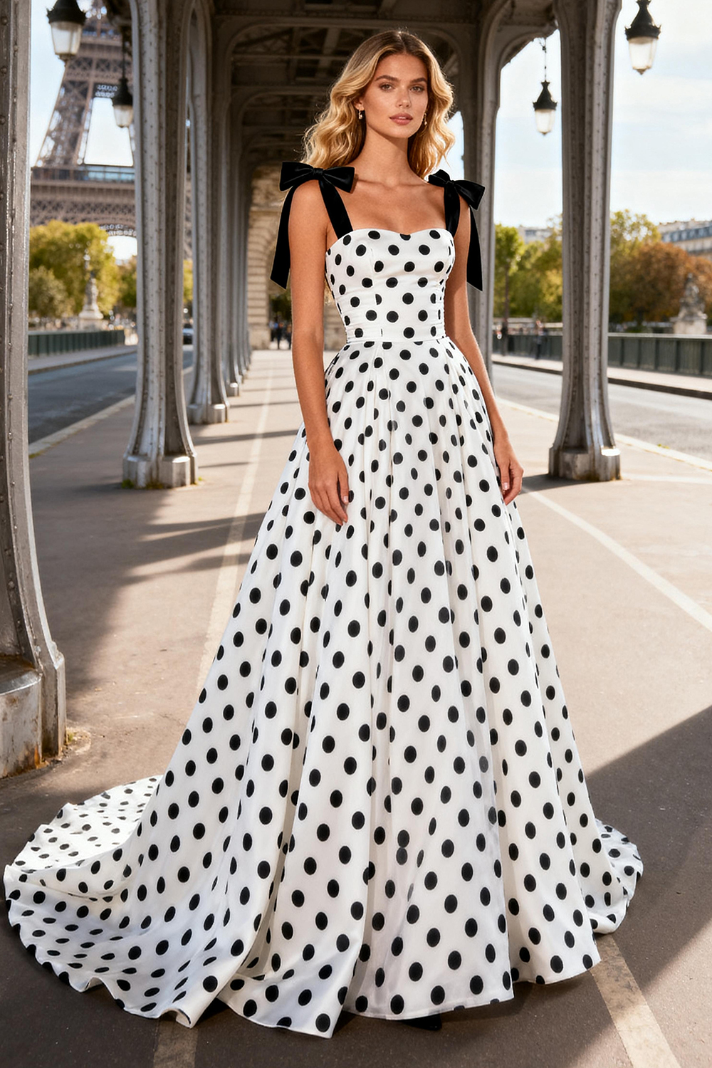 Black White Polka Dots A Line Long Prom Dress with Bows