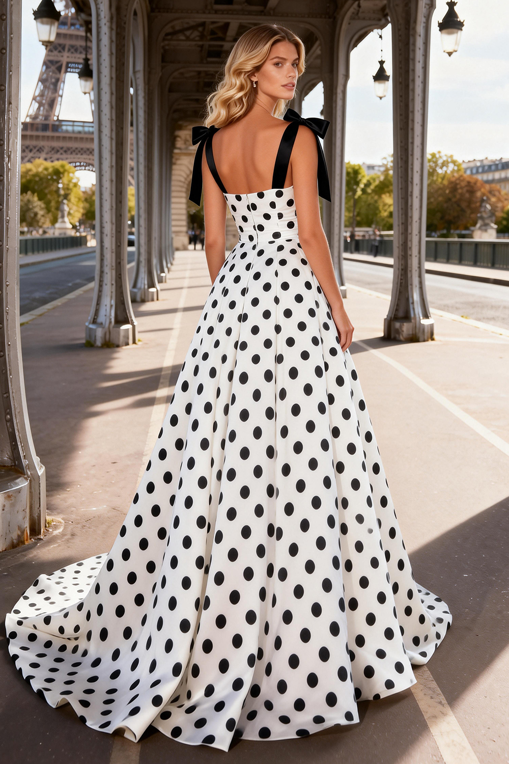 Black White Polka Dots A Line Long Prom Dress with Bows