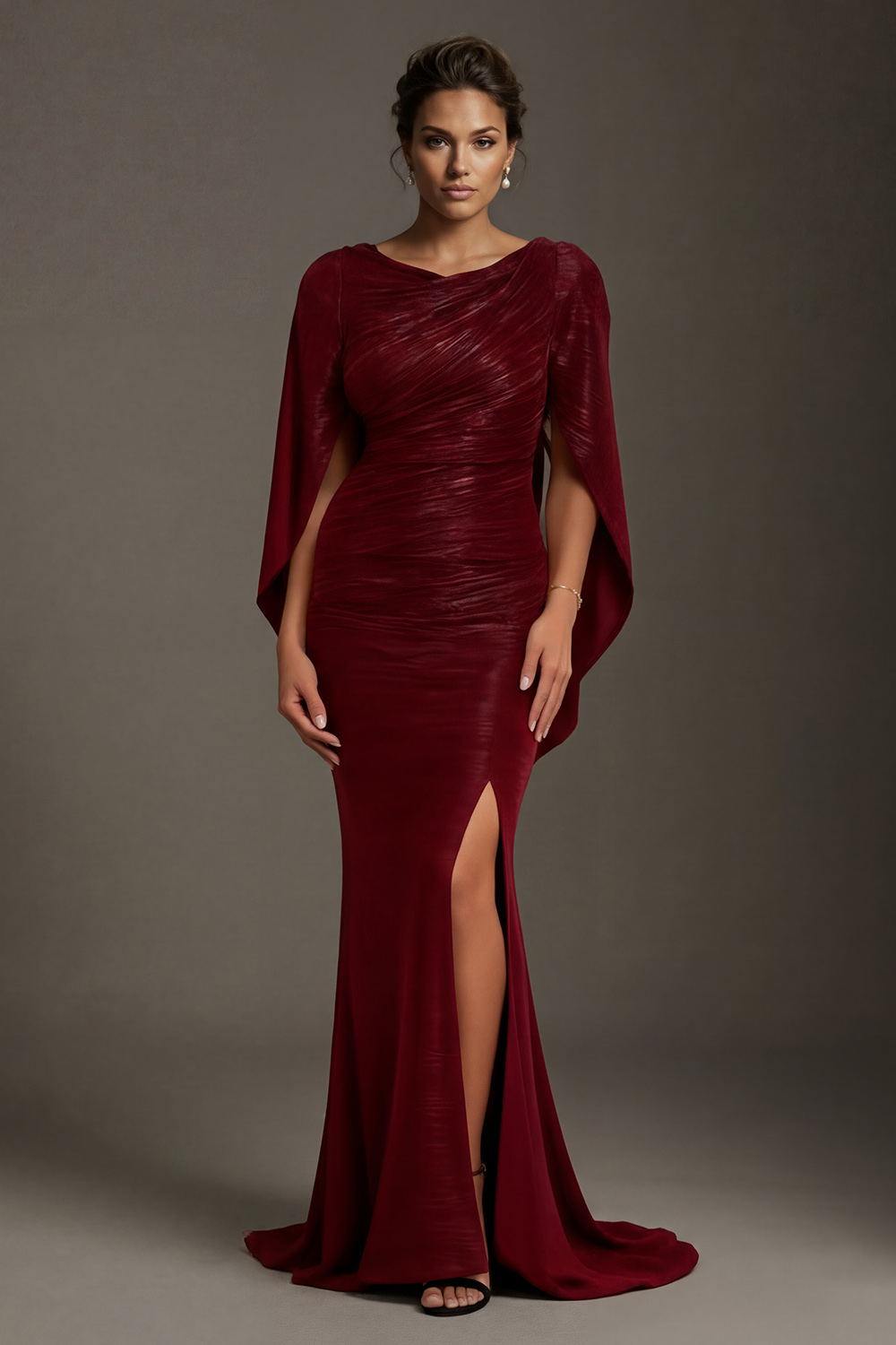 Mermaid Burgundy Boat Neck Long Mother of the Bride Dress with Slit