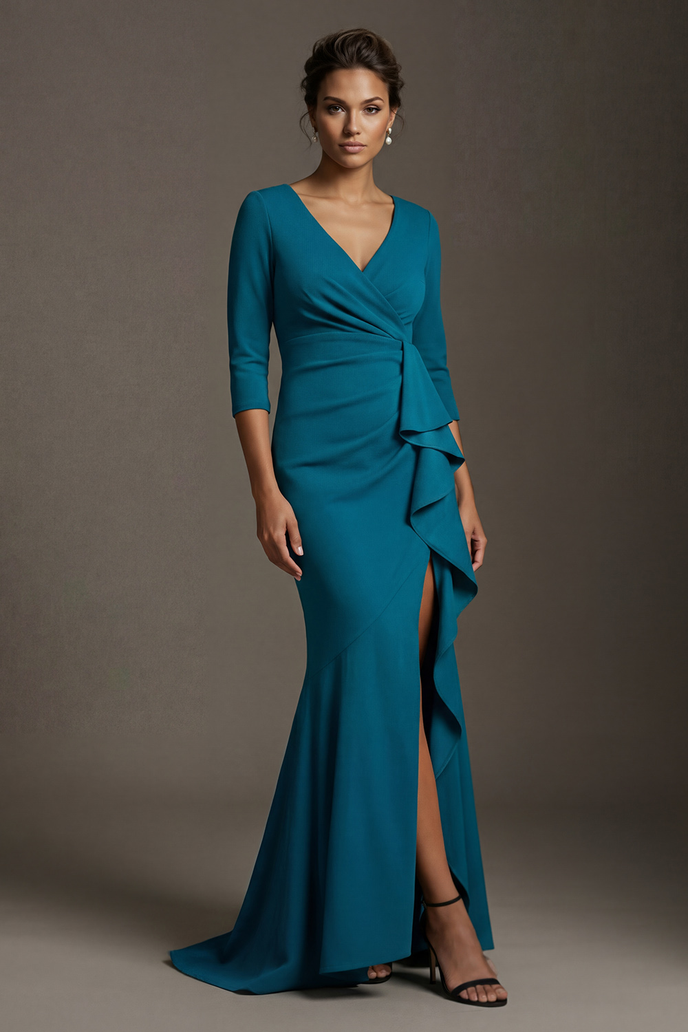 Ruffled Peacock Blue V Neck Mermaid Long Mother of the Bride Dress