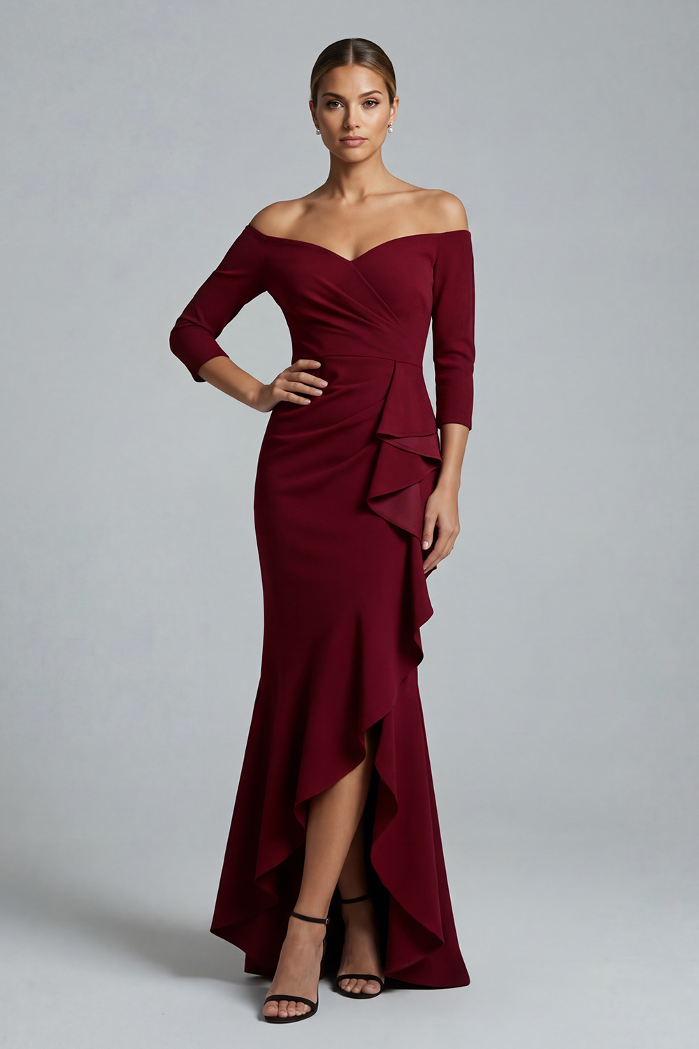 Off the Shoulder Burgundy Asymmetrical Mother of the Bride Dress with Ruffles