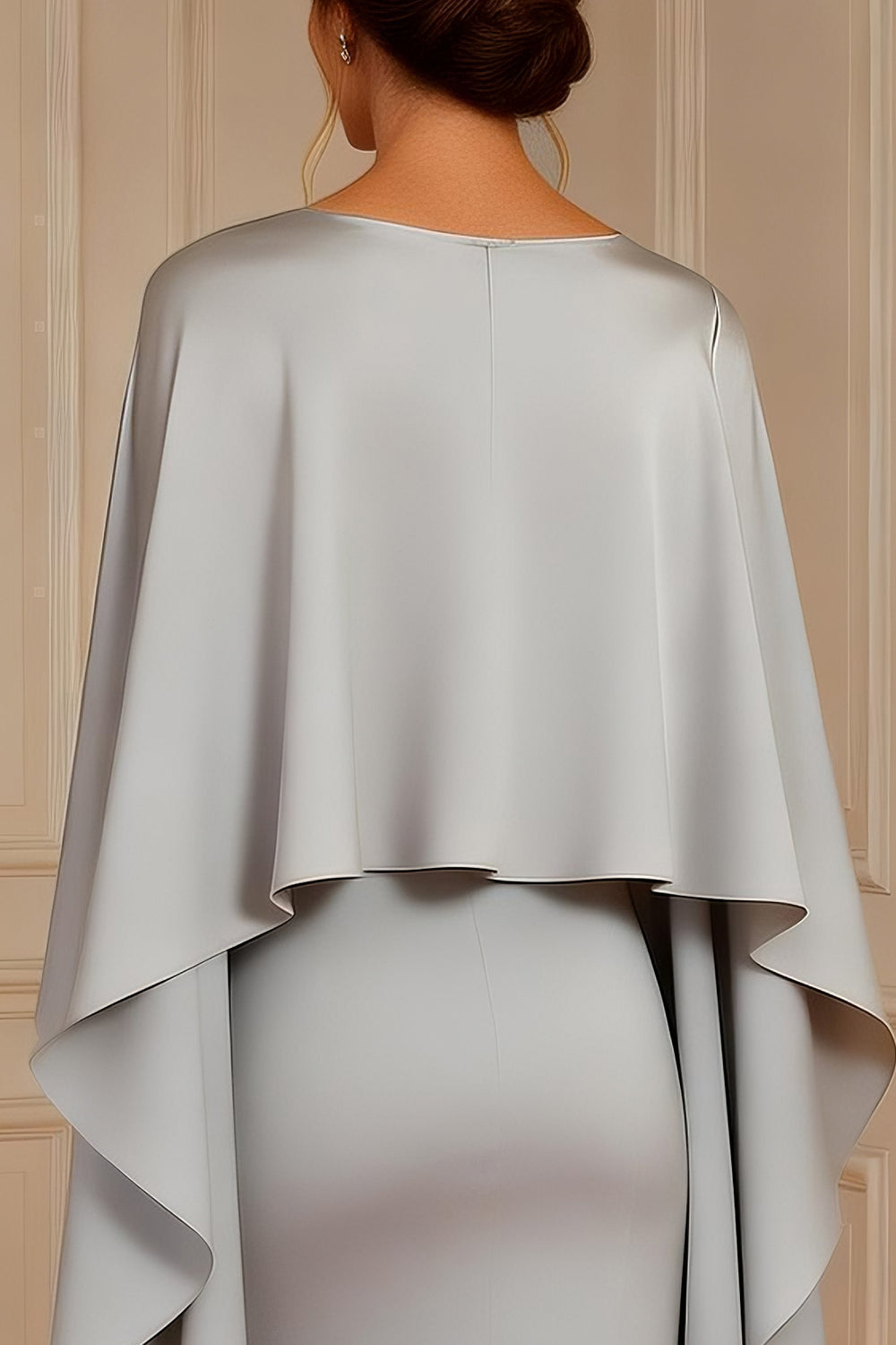Grey Mermaid Boat Neck Satin Long Mother of the Bride Dress with Cape