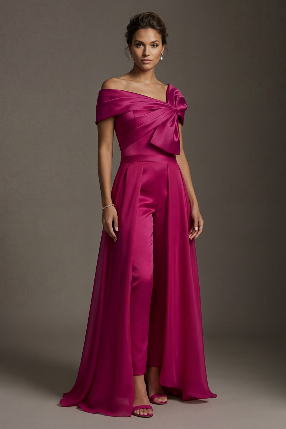 Fuchsia Asymmetrical Neck Satin Long Mother of the Bride Jumpsuits with Cape