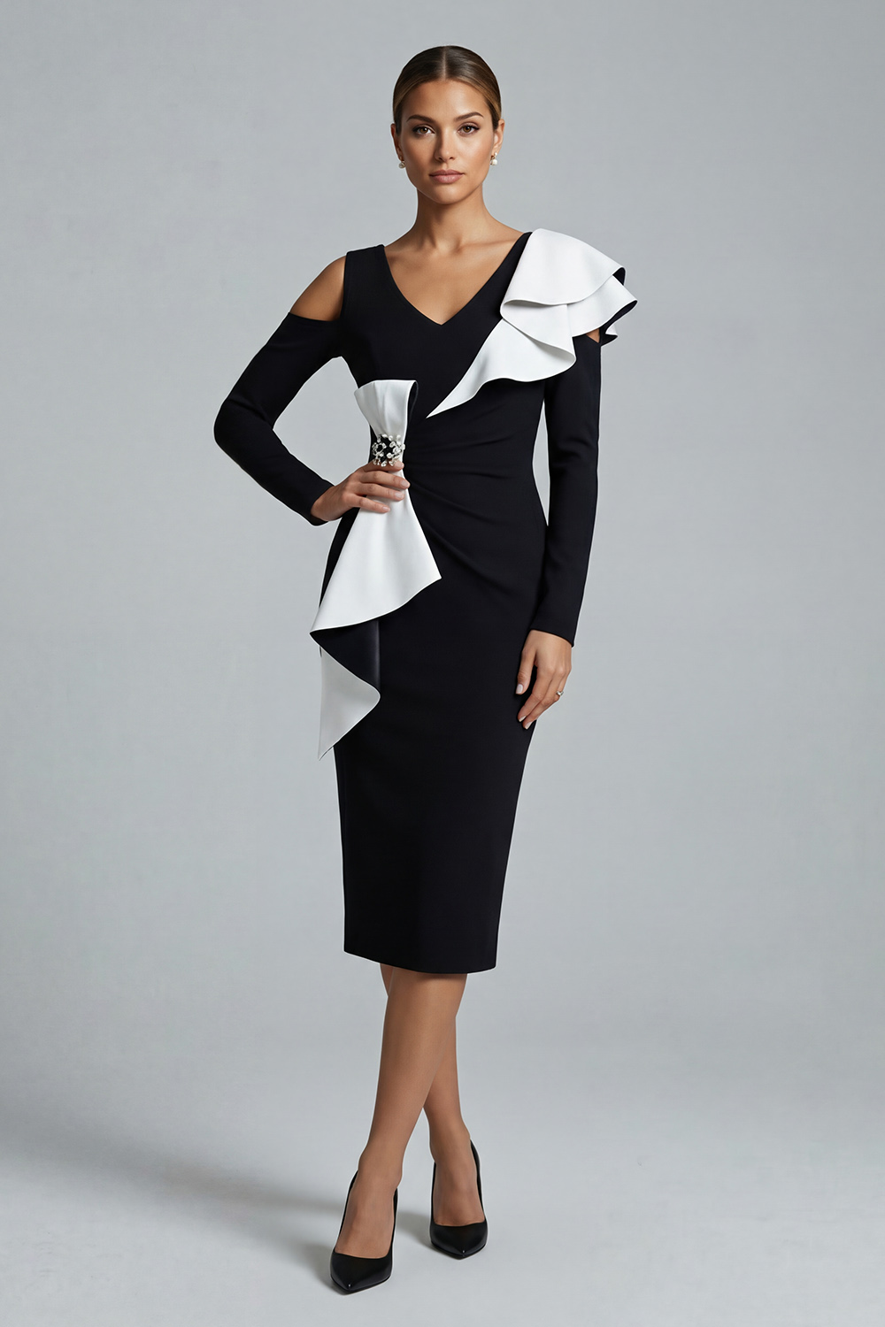 Ruffled Black and White Bodycon Midi Mother of the Bride Dress