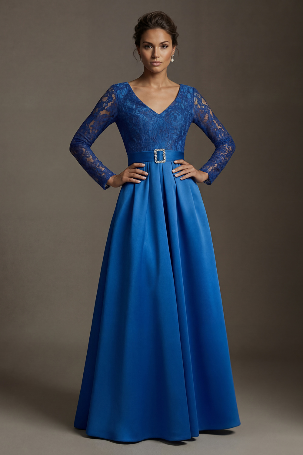 Sparkly Royal Blue V Neck Satin Long Mother of the Bride Dress with Belt