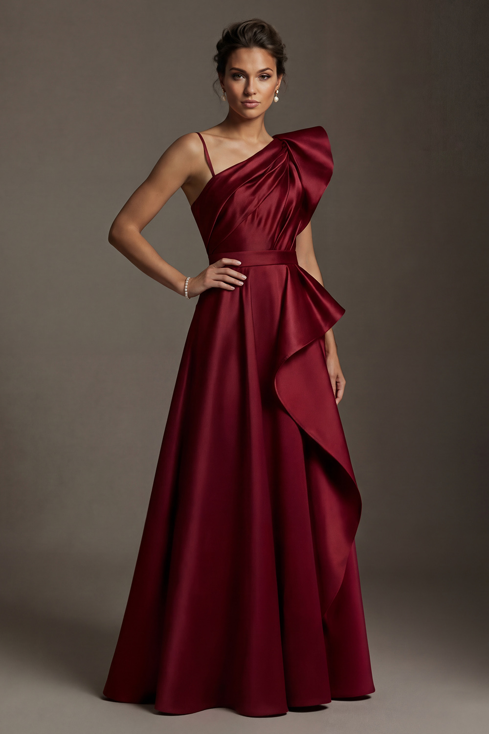Satin Burgundy Ruffled A Line Asymmetrical Neck Long Mother of the Bride Dress