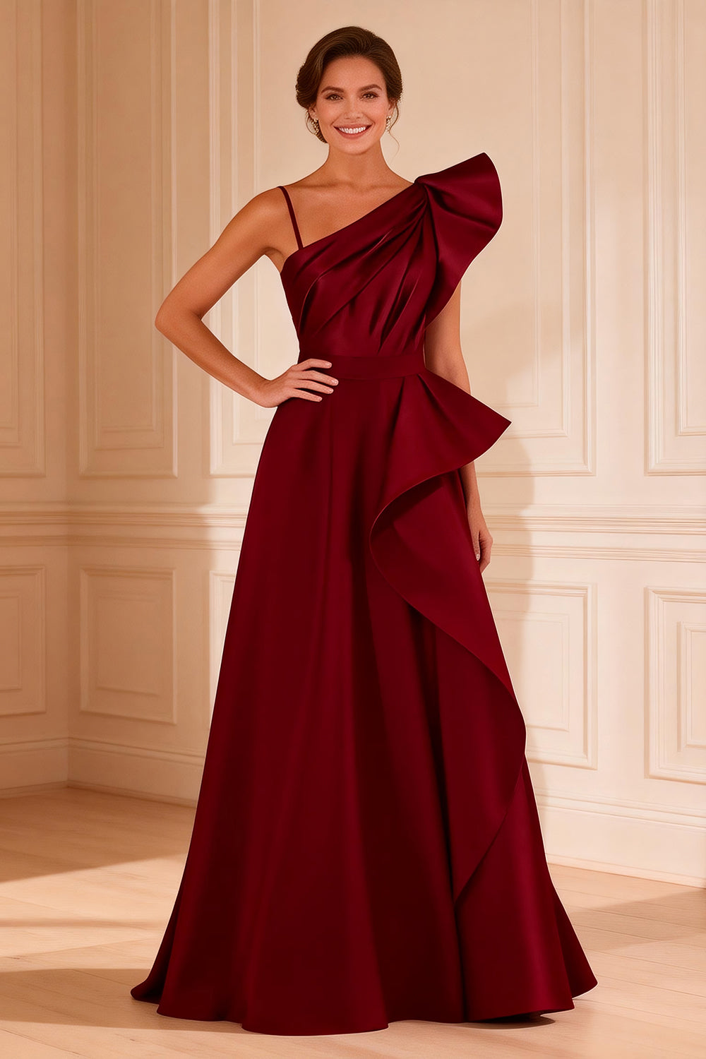 Satin Burgundy Ruffled A Line Asymmetrical Neck Long Mother of the Bride Dress