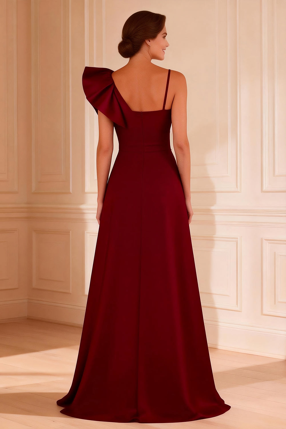 Satin Burgundy Ruffled A Line Asymmetrical Neck Long Mother of the Bride Dress