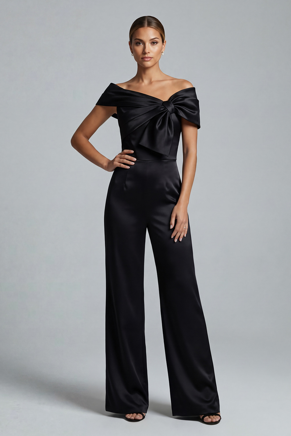 Asymmetrical Neck Black Long Mother of the Bride Jumpsuits with Bows