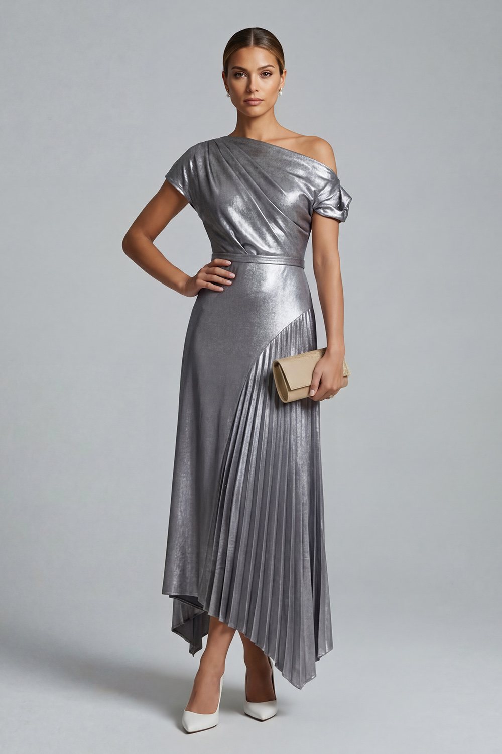 Silver Metallic One Shoulder Pleated Long Mother of the Bride Dress
