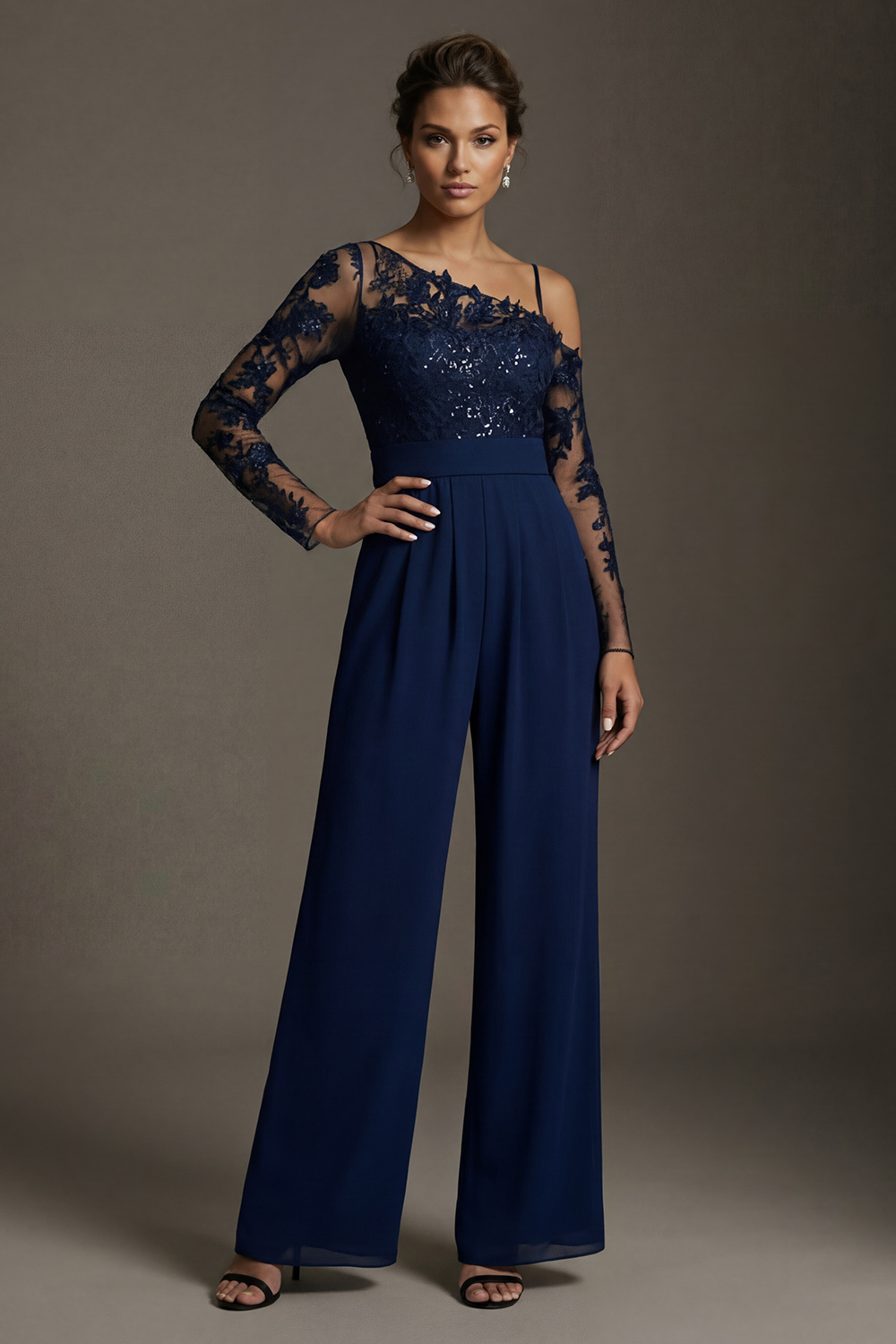 Sparkly Beaded Navy Lace Long Mother of the Bride Jumpsuits