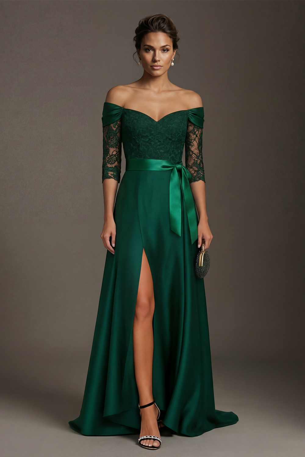 Dark Green Off the Shoulder A Line Long Mother of the Bride Dress with Lace