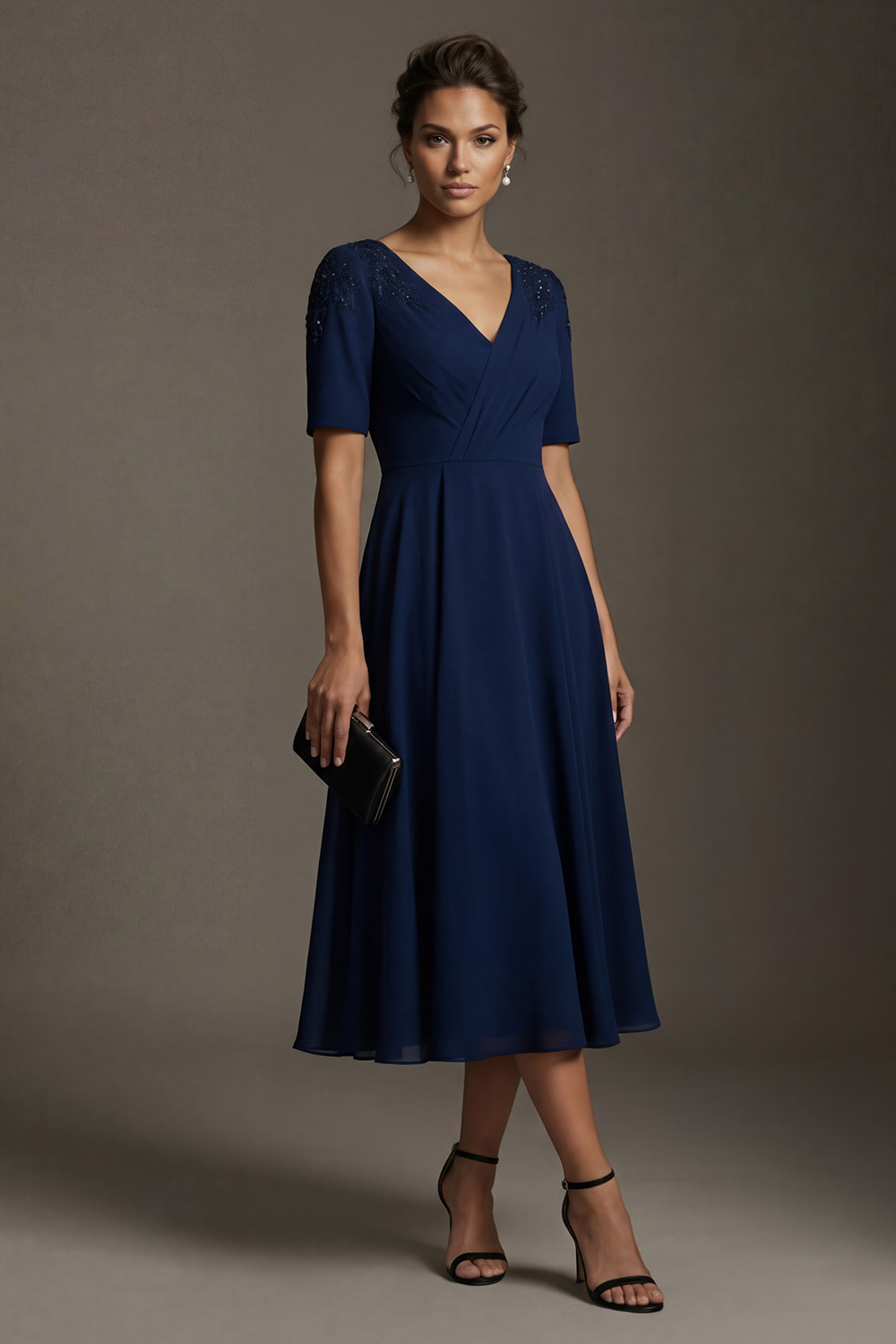 Navy V-Neck Chiffon A-Line Midi Mother of the Bride Dress