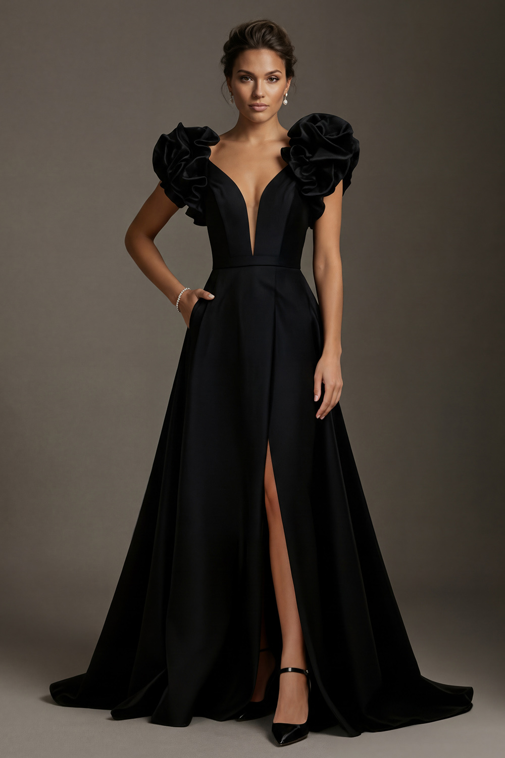 Black Ruffled V-Neck A-Line Long Mother of the Bride Dress with Slit