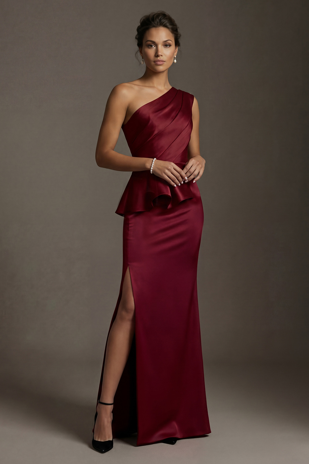 Burgundy One Shoulder Satin Mermaid Long Mother of the Bride Dress with Slit