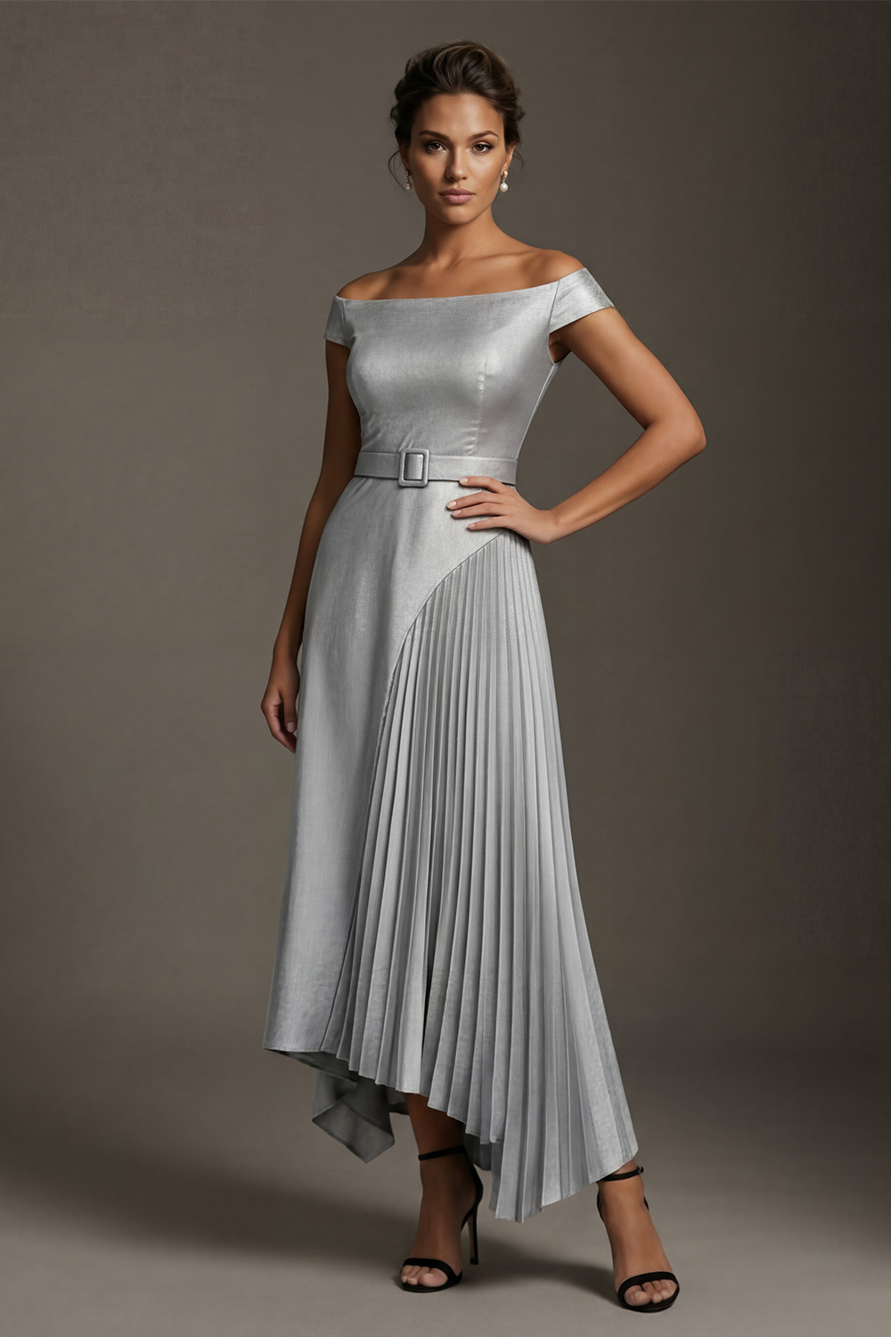 Silver Off the Shoulder Satin Pleated Asymmetrical Mother of the Bride Dress