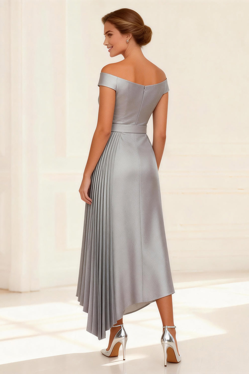 Silver Off the Shoulder Satin Pleated Asymmetrical Mother of the Bride Dress