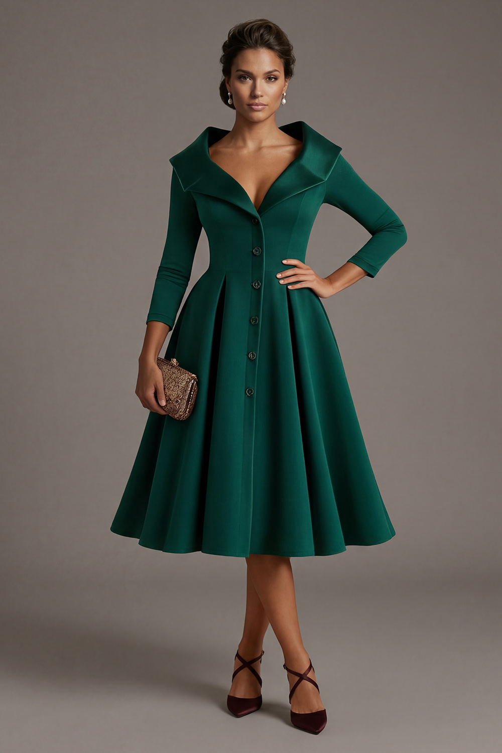 Dark Green Lapel Neck A-Line Midi Mother of the Bride Dress with Buttons