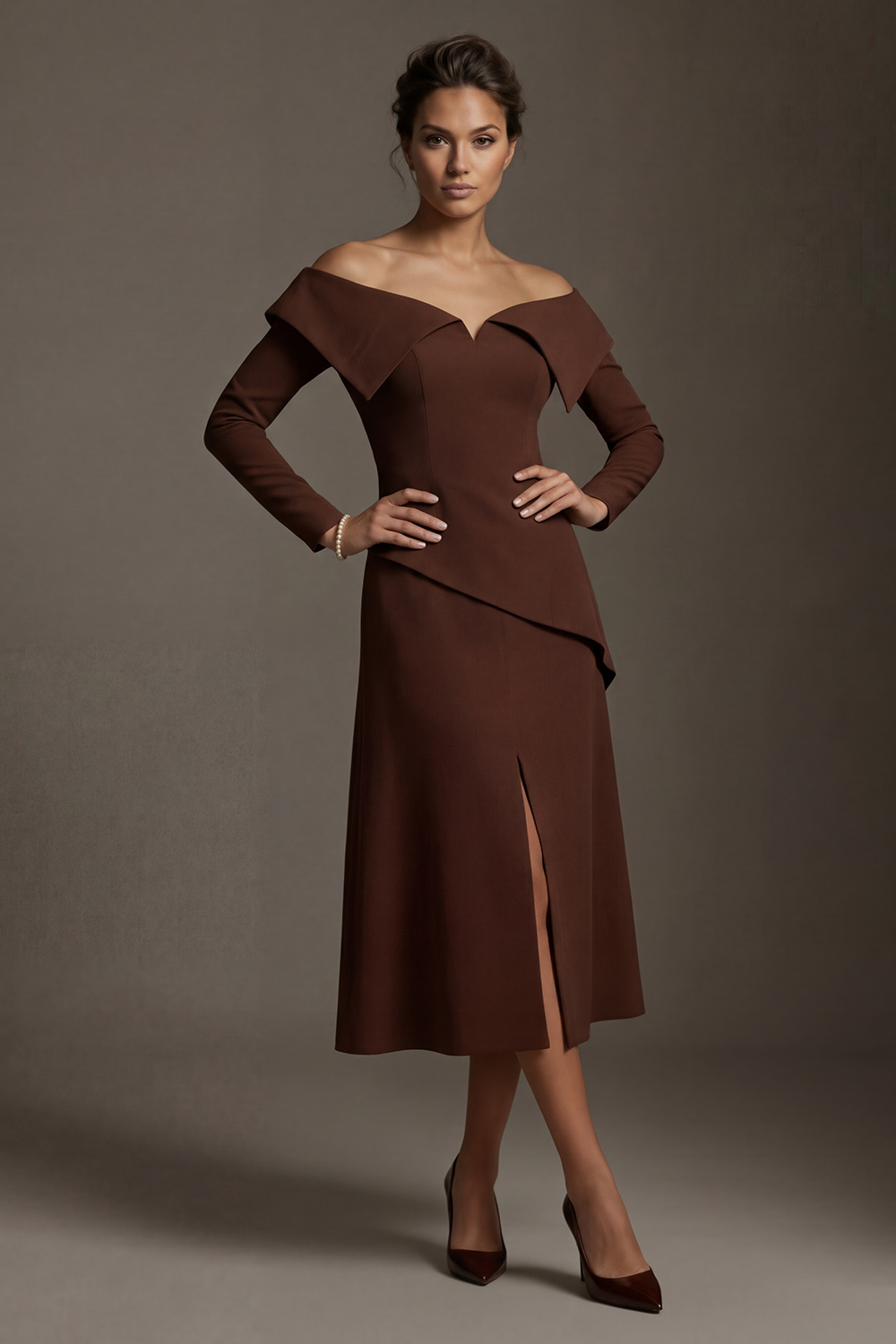 Off the Shoulder Chocolate A Line Midi Mother of the Bride Dress with Slit