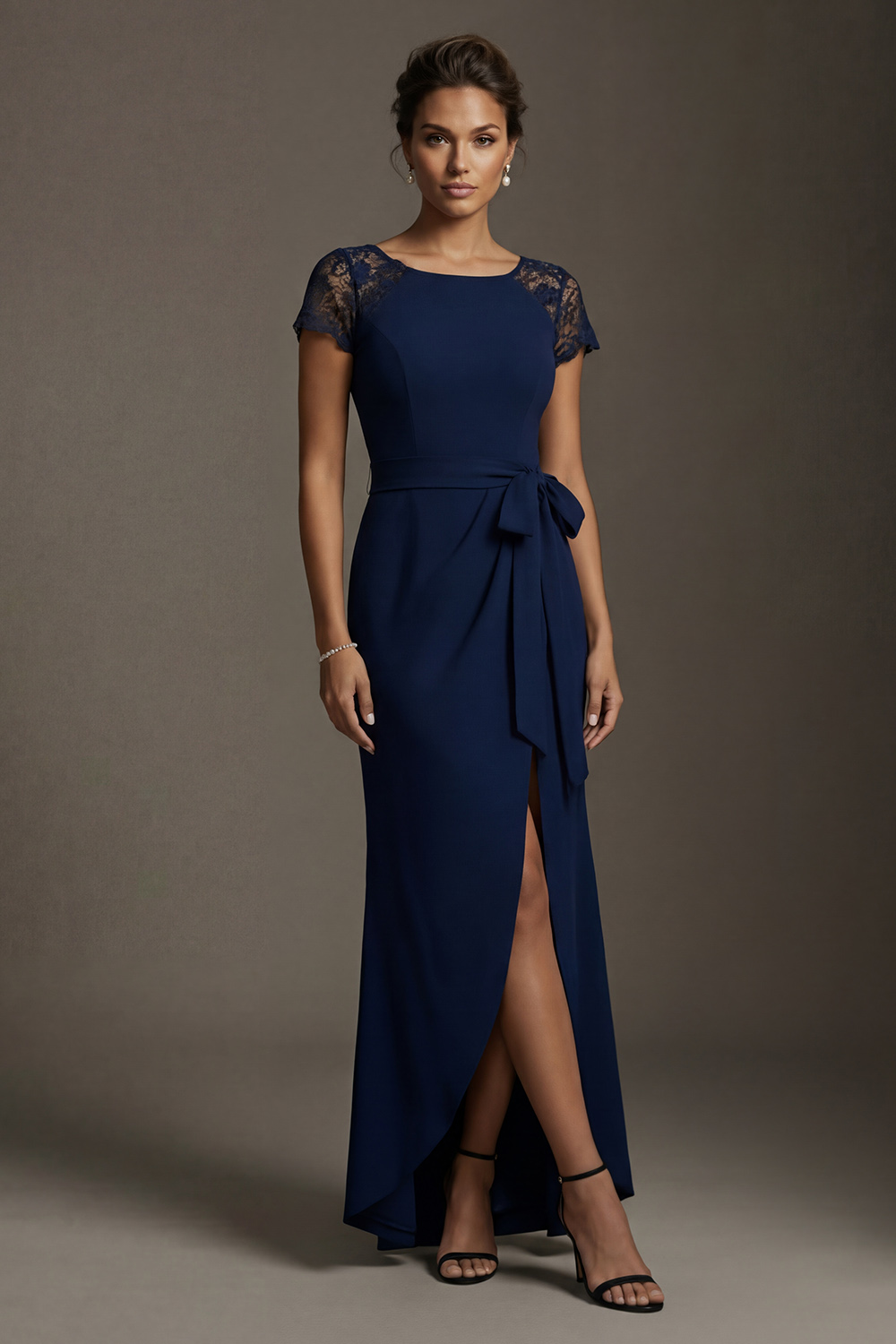 Mermaid Navy Lace Boat Neck Long Mother of the Bride Dress with Slit