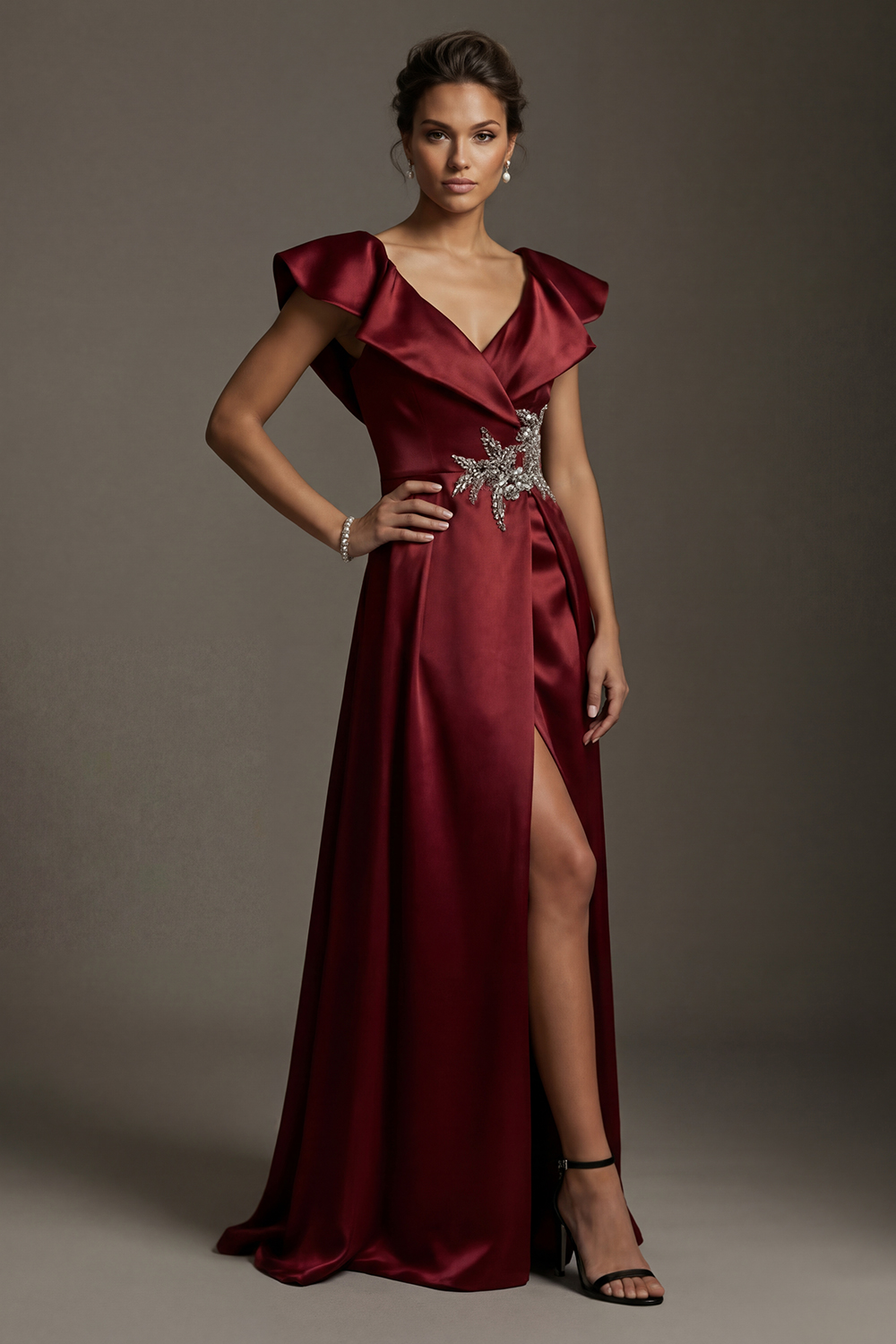Sparkly Burgundy V-Neck A Line Satin Long Mother of the Bride Dress with Slit