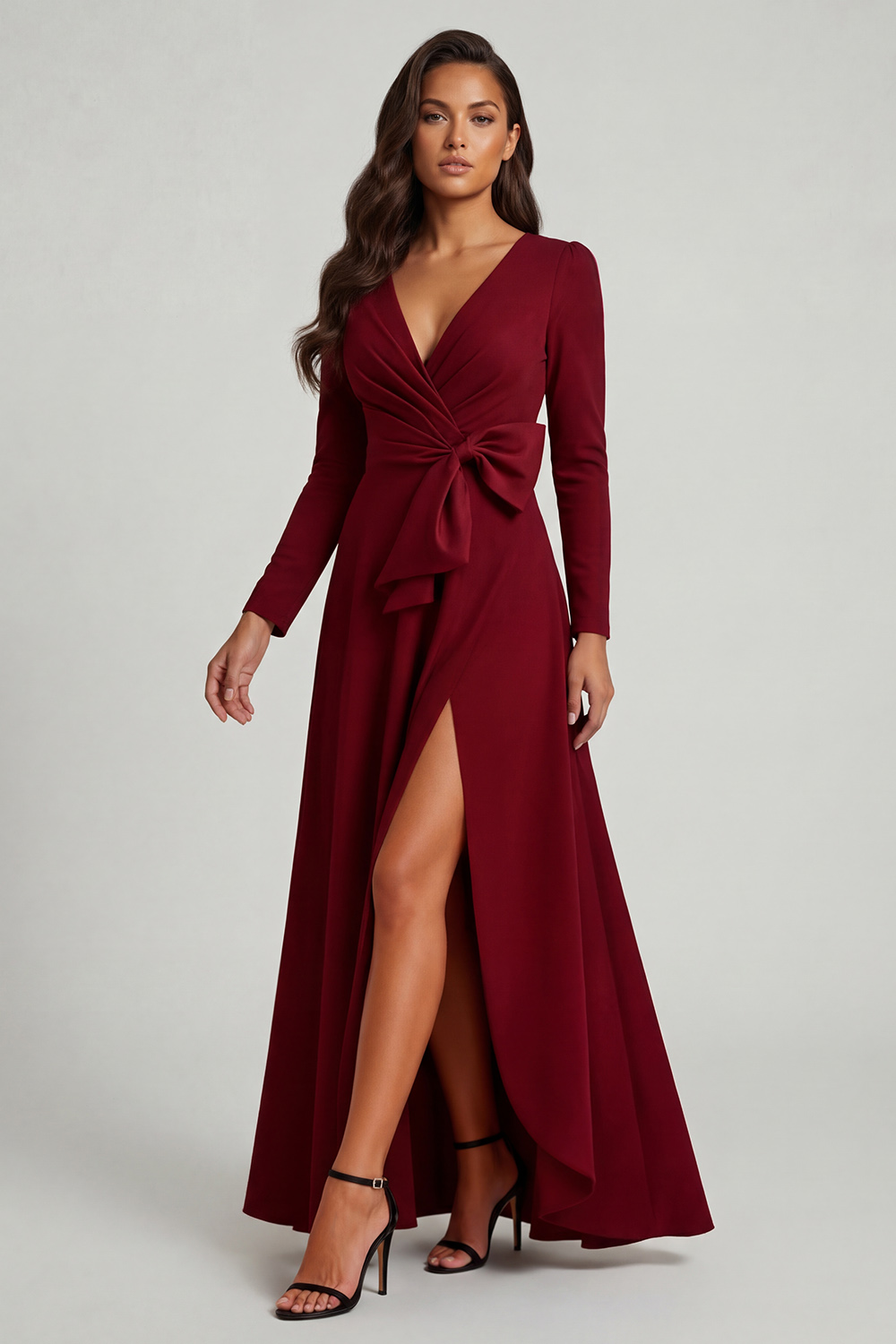 Burgundy V-Neck A Line Ruched Long Mother of the Bride Dress with Slit