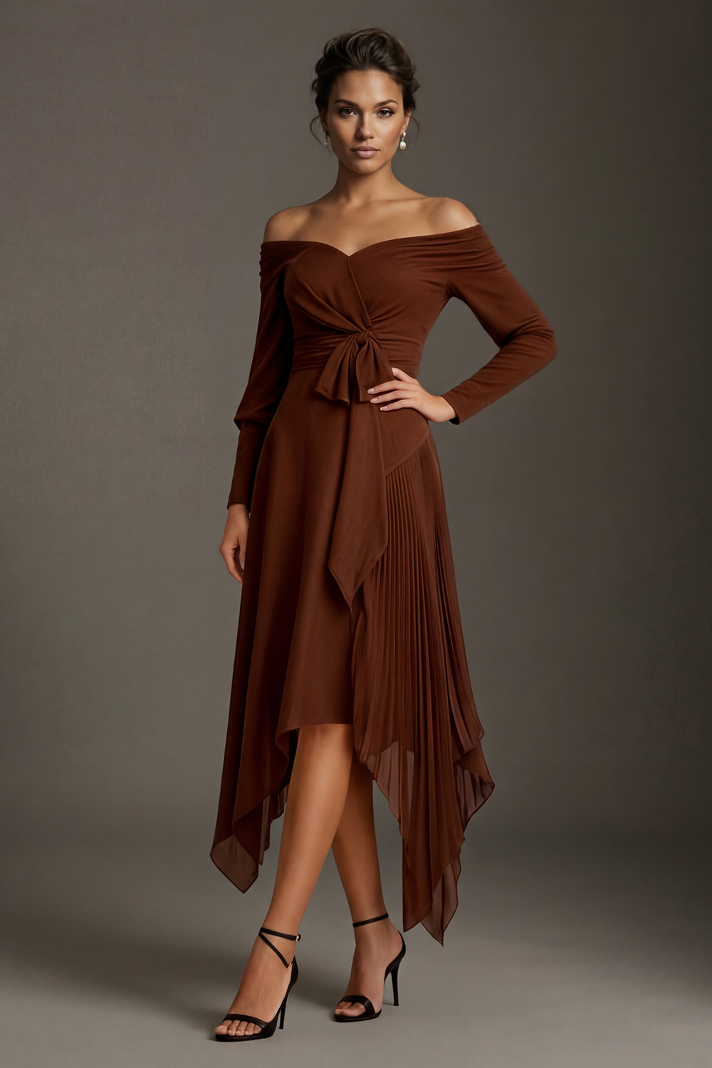 Off the Shoulder Brown Chiffon Asymmetrical Pleated Mother of the Bride Dress