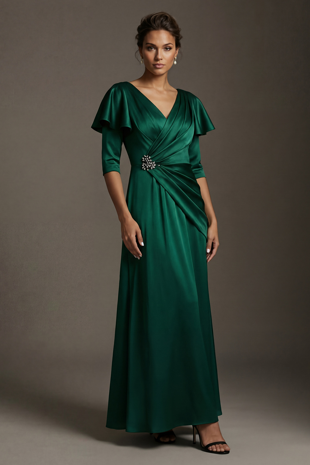Sparkly Dark Green Satin V Neck A Line Long Mother of the Bride Dress