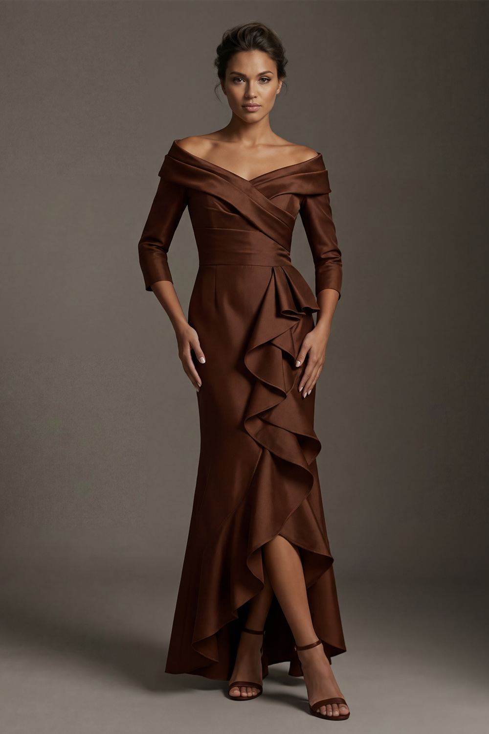 Off the Shoulder Chocolate Ruffled Satin Long Mother of the Bride Dress with Sleeves